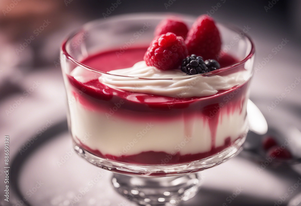 luxurious panna cotta with a raspberry coulis in a crystal dish luxurious panna cotta with a raspberry coulis in a crystal dish