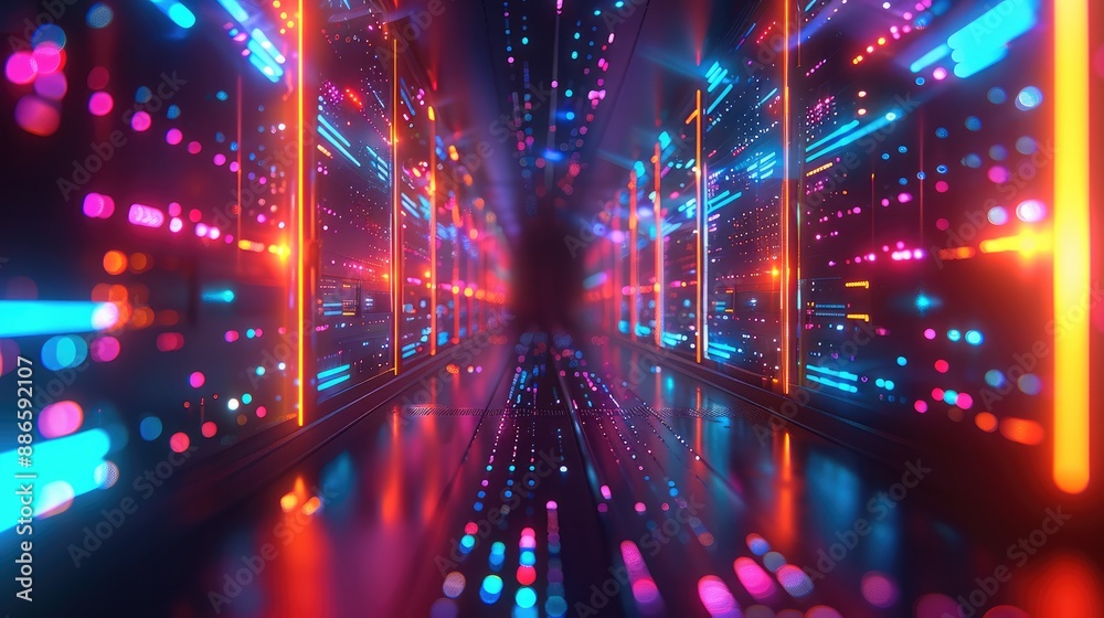 Illuminated Network, Glowing Data Streams Flow Through a Sleek 3D Cloud Server, futuristic technology and vibrant colors. Generative AI.