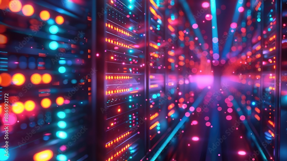 Naklejka premium Illuminated Network, Glowing Data Streams Flow Through a Sleek 3D Cloud Server, futuristic technology and vibrant colors. Generative AI.