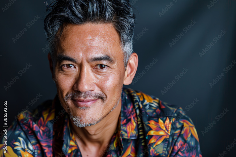 Close-up portrait of a middle aged man of Asian descent, studio photo, against a sleek gray studio backdrop Close-up portrait of a middle aged man of Asian descent, studio photo, against a sleek gray studio backdrop