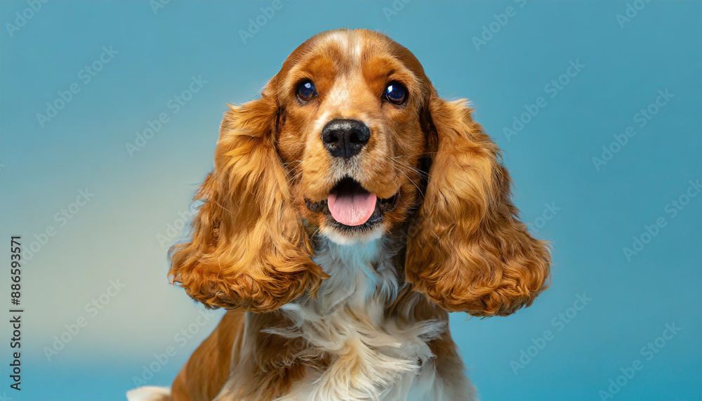 Looking so sweet and full of hope. English cocker spaniel young dog is posing. Cute playful braun doggy or pet is sitting isolated on blue background. Concept of motion, action, movement. Looking so sweet and full of hope. English cocker spaniel young dog is posing. Cute playful braun doggy or pet is sitting isolated on blue background. Concept of motion, action, movement.