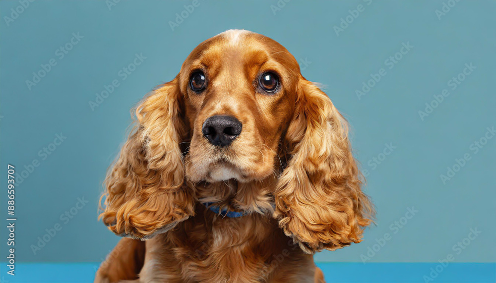 Looking so sweet and full of hope. English cocker spaniel young dog is posing. Cute playful braun doggy or pet is sitting isolated on blue background. Concept of motion, action, movement. Looking so sweet and full of hope. English cocker spaniel young dog is posing. Cute playful braun doggy or pet is sitting isolated on blue background. Concept of motion, action, movement.