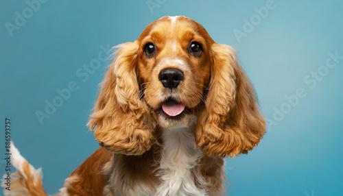 Looking so sweet and full of hope. English cocker spaniel young dog is posing. Cute playful braun doggy or pet is sitting isolated on blue background. Concept of motion, action, movement.