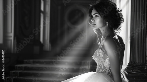 A beautiful woman with an impressive body, bride, black and white, wedding. Generative AI.
