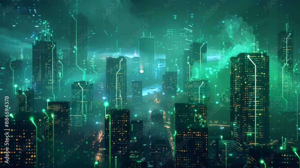 Fototapeta premium Futuristic Smart Cyber City illustration: Innovative Urban Landscape, futuristic technology concept, Graphic Resources, Wallpapers, Brochure, Websites, banner design, Advertising, web, background