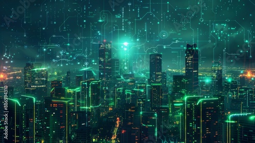 Wallpaper Mural Futuristic Smart Cyber City illustration: Innovative Urban Landscape, futuristic technology concept, Graphic Resources, Wallpapers, Brochure, Websites, banner design, Advertising, web, background Torontodigital.ca