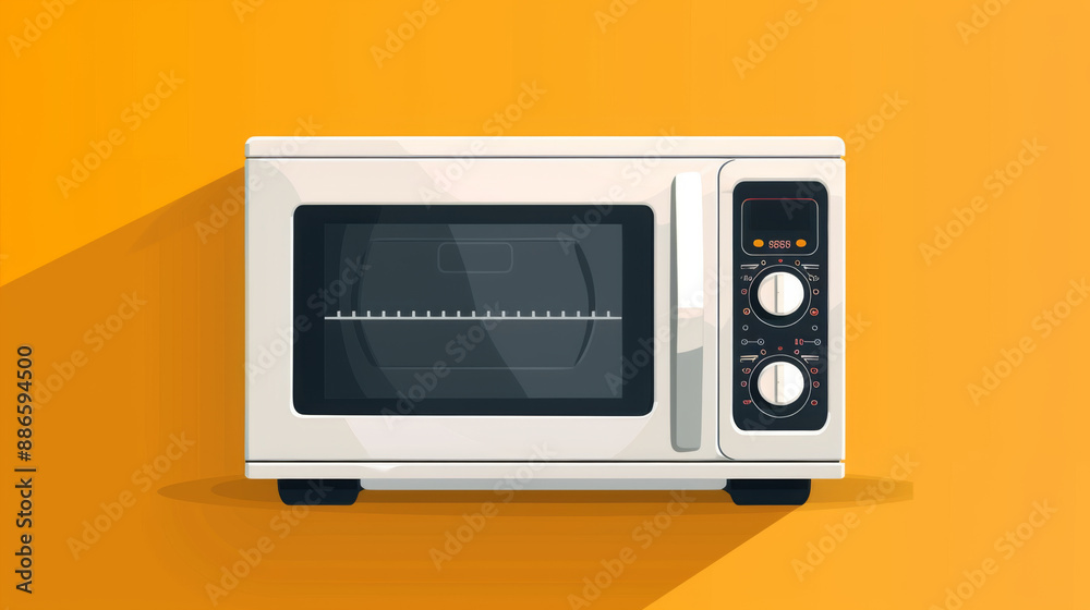 Modern white microwave oven with digital controls, set against a bright orange background. Modern white microwave oven with digital controls, set against a bright orange background.