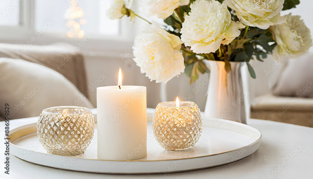 Candles on a wooden table, Minimalism, Luxurious white tray decoration, home interior decor with burning aroma candle with white dry flower Candles on a wooden table, Minimalism, Luxurious white tray decoration, home interior decor with burning aroma candle with white dry flower