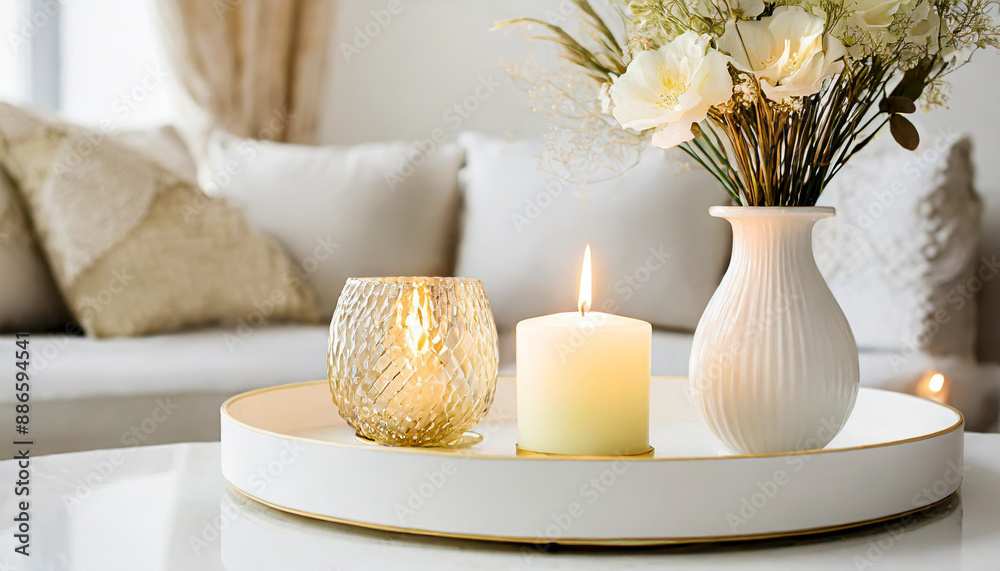 Candles on a wooden table, Minimalism, Luxurious white tray decoration, home interior decor with burning aroma candle with white dry flower Candles on a wooden table, Minimalism, Luxurious white tray decoration, home interior decor with burning aroma candle with white dry flower