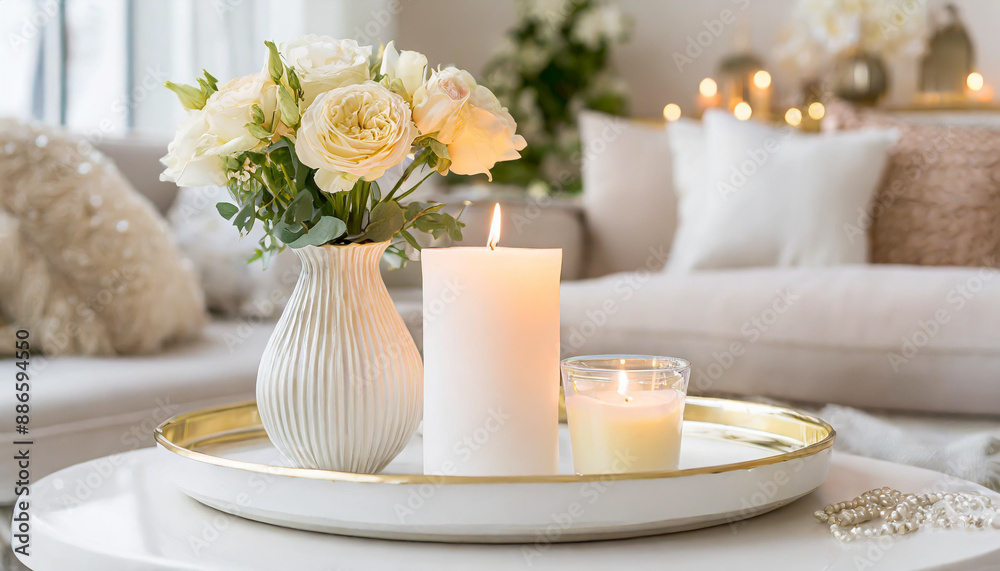 Candles on a wooden table, Minimalism, Luxurious white tray decoration, home interior decor with burning aroma candle with white dry flower Candles on a wooden table, Minimalism, Luxurious white tray decoration, home interior decor with burning aroma candle with white dry flower