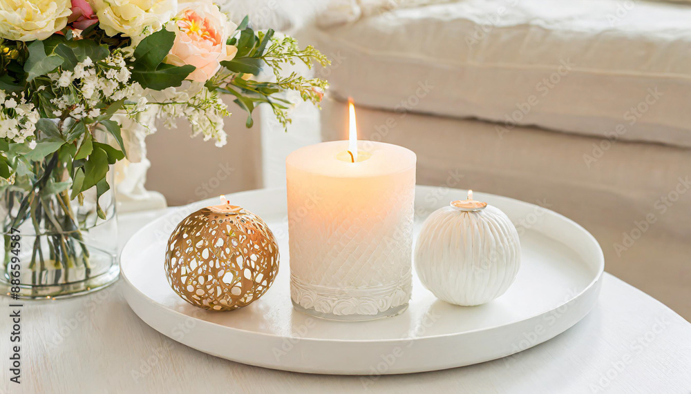 Candles on a wooden table, Minimalism, Luxurious white tray decoration, home interior decor with burning aroma candle with white dry flower Candles on a wooden table, Minimalism, Luxurious white tray decoration, home interior decor with burning aroma candle with white dry flower