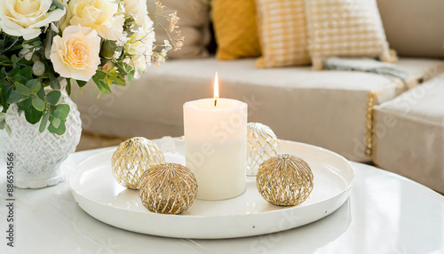 Candles on a wooden table, Minimalism, Luxurious white tray decoration, home interior decor with burning aroma candle with white dry flower