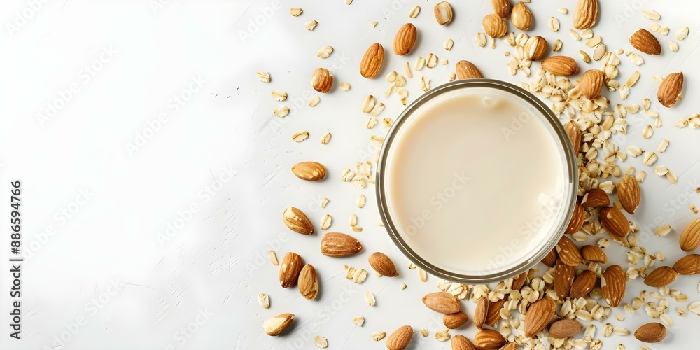 Topdown view of almond milk and seeds on white background. Concept Food Photography, Flat Lay Styling, Vegan Ingredients, Clean White Background, Healthy Lifestyle Topdown view of almond milk and seeds on white background. Concept Food Photography, Flat Lay Styling, Vegan Ingredients, Clean White Background, Healthy Lifestyle