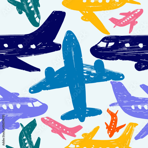Kids seamless pattern with airplanes. Baby airplane pattern. Seamless airplanes vector background. Vector hand drawn colorful seamless repeating children simple pattern with aircraft. Funny airplanes.