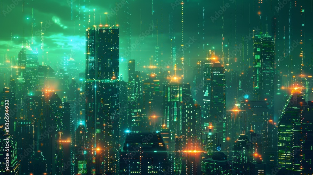 Obraz premium Futuristic Smart Cyber City illustration: Innovative Urban Landscape, futuristic technology concept, Graphic Resources, Wallpapers, Brochure, Websites, banner design, Advertising, web, background