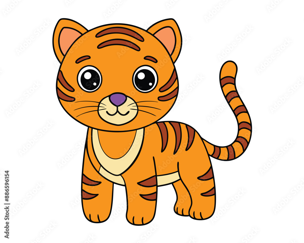 Obraz premium Cute Tiger Vector Illustration - Cartoons, Clipart, and Line Art Design for Microstock, Adorable tiger vector illustration, perfect for cartoons, clipart, and line art designs.