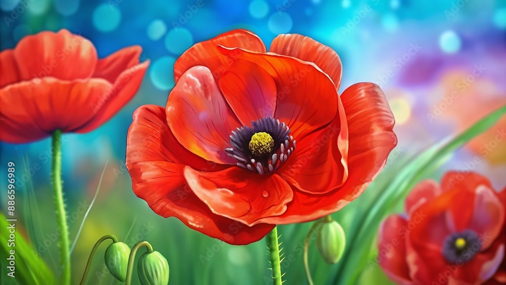 Vibrant red poppy flowers bloom against a blurred background, symbolizing remembrance and celebration of Victory in Europe Day on May 8. Vibrant red poppy flowers bloom against a blurred background, symbolizing remembrance and celebration of Victory in Europe Day on May 8.