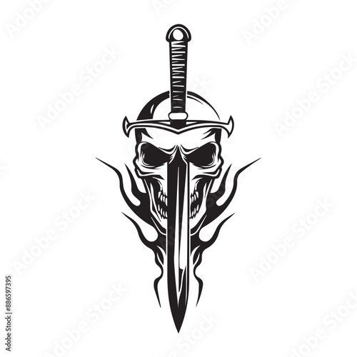 skeleton skull with a knife fire illustration black and white vector logo tattoo design scary mysterious
