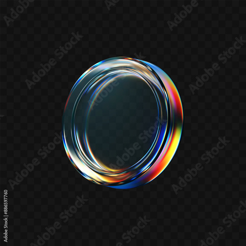 3d glass coin icon with refraction and holographic effect isolated on dark background. Render transparent glass coin with overlay dispersion light, rainbow gradient. 3d vector morphism