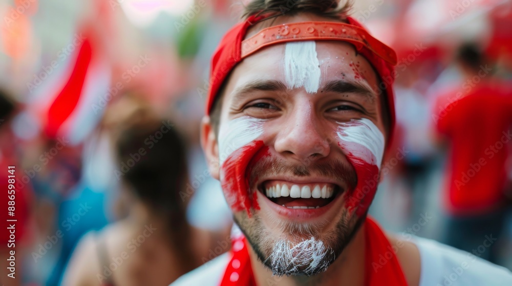 Vibrant Portrait of a Joyful male Poland Supporter with a Polish Flag Painted on His Face, Celebrating Vibrant Portrait of a Joyful male Poland Supporter with a Polish Flag Painted on His Face, Celebrating