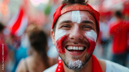 Vibrant Portrait of a Joyful male Poland Supporter with a Polish Flag Painted on His Face, Celebrating © Usman