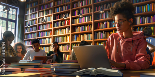 A group of diverse students in a school library, reading books and using laptops, with shelves filled with books and a cozy, studious atmosphere.