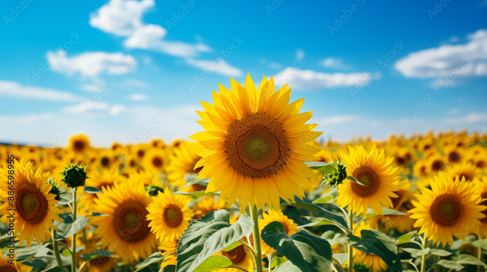 Fototapeta premium Sunflower field with cloudy blue sky