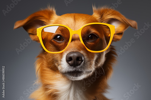 Dog wearing sunglasses. Happy dog with sunglasses. Portrait of smiling dog wearing sunglasses. Happy pet concept