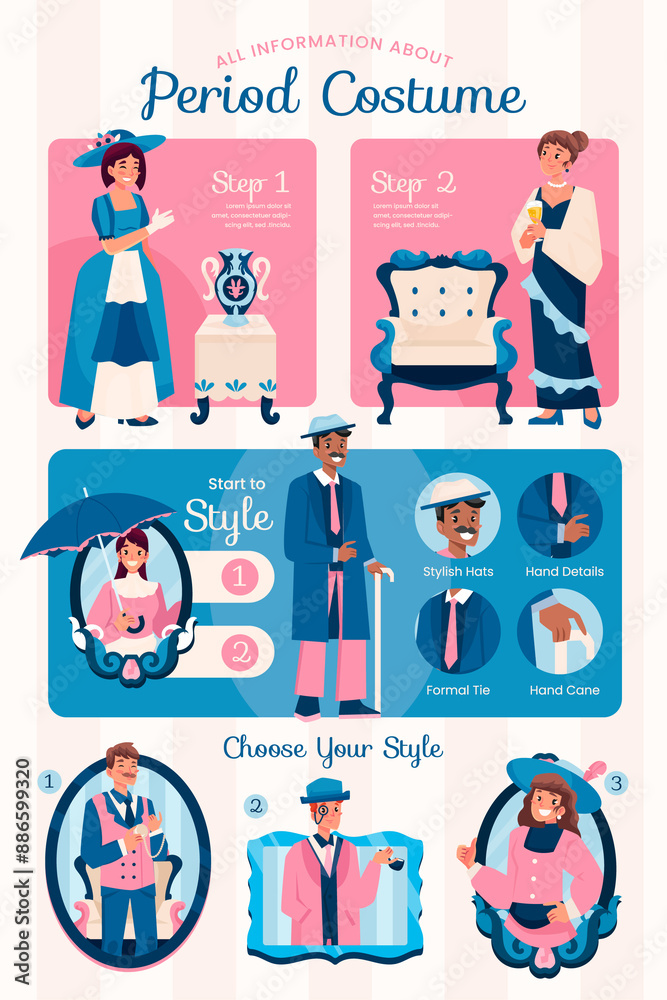 Fototapeta premium Hand drawn flat period costumes infographics