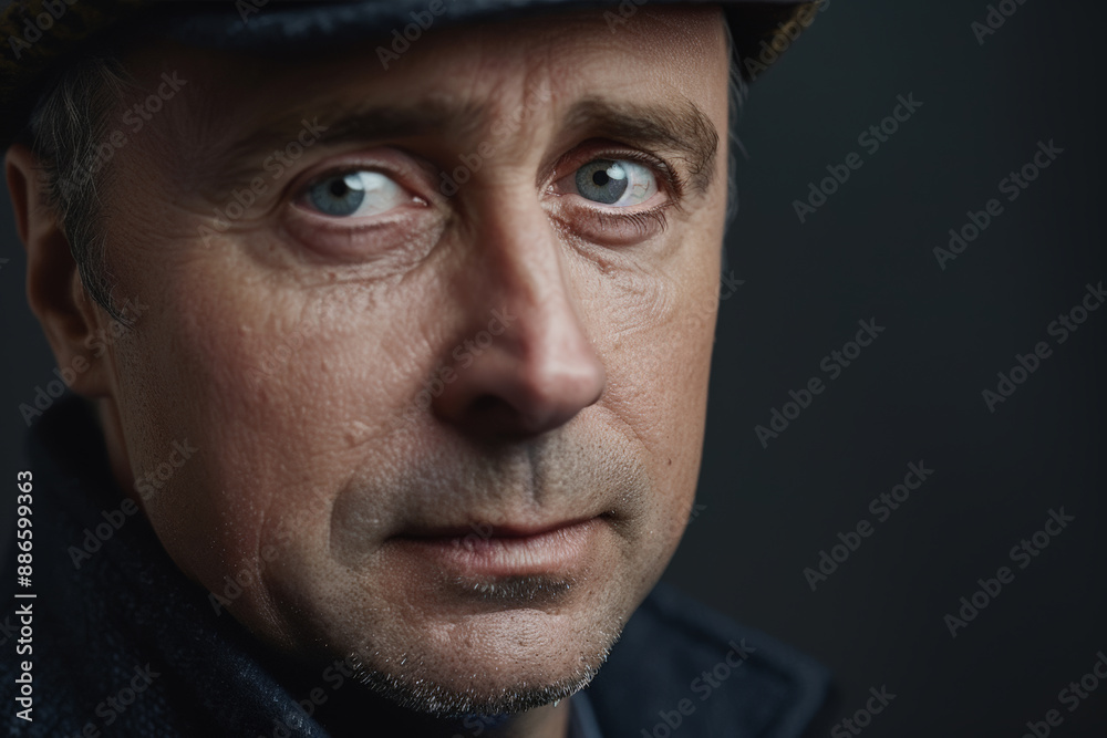 Close-up portrait of a middle aged man of European descent, studio photo, against a sleek gray studio backdrop Close-up portrait of a middle aged man of European descent, studio photo, against a sleek gray studio backdrop