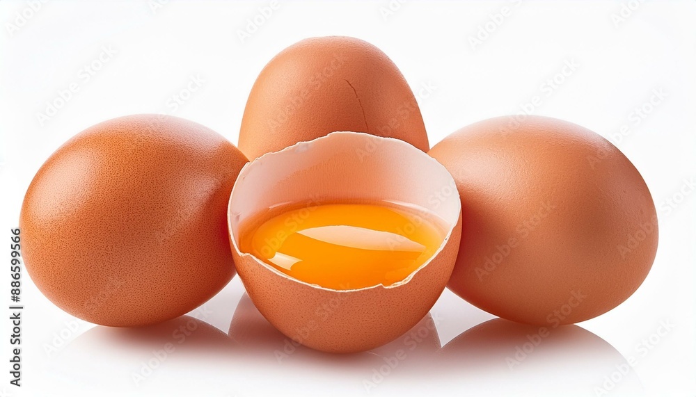 Brown chicken eggs and egg yolk isolated on white background. Brown chicken eggs and egg yolk isolated on white background.