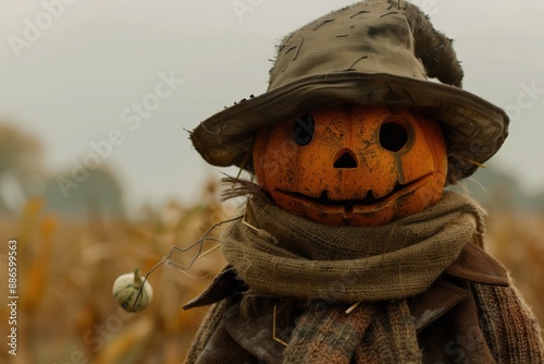Halloween pumpkin in a corn field.  © Dassen