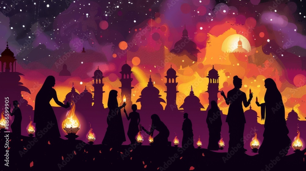 Enchanting Twilight Procession in Silhouette with Traditional Lamps Enchanting Twilight Procession in Silhouette with Traditional Lamps