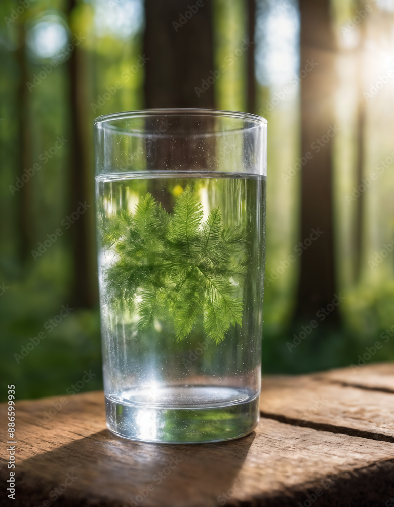 a glass filled with clean drinking water against a beautiful landscape, nature with a forest a glass filled with clean drinking water against a beautiful landscape, nature with a forest