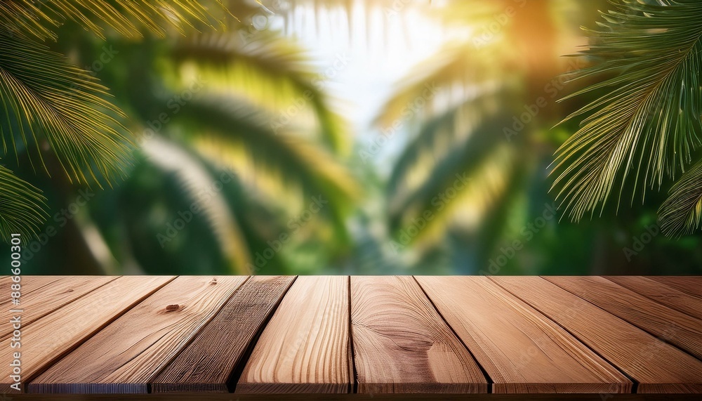 Empty wooden planked table top and blurred tropical background. Place for your product display. Empty wooden planked table top and blurred tropical background. Place for your product display.
