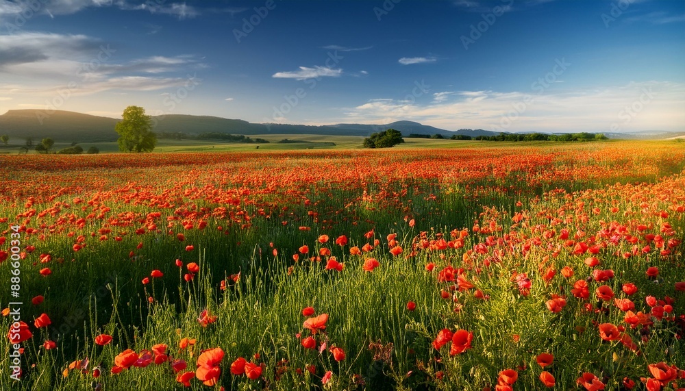 Field of wild poppies in bloom stretching to the horizon. Field of wild poppies in bloom stretching to the horizon.