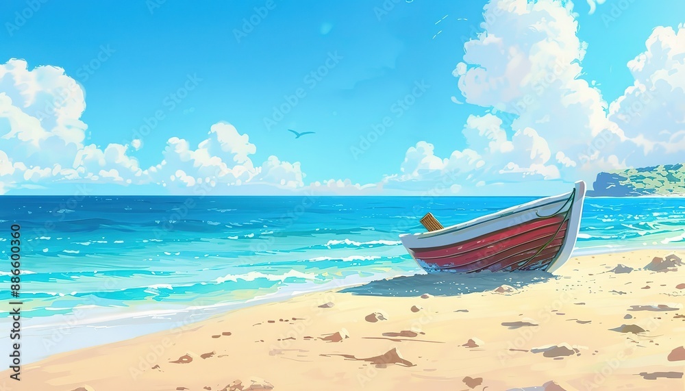 cartoon anime view of a boat resting on the sand on the beach cartoon anime view of a boat resting on the sand on the beach