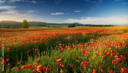 Field of wild poppies in bloom stretching to the horizon.