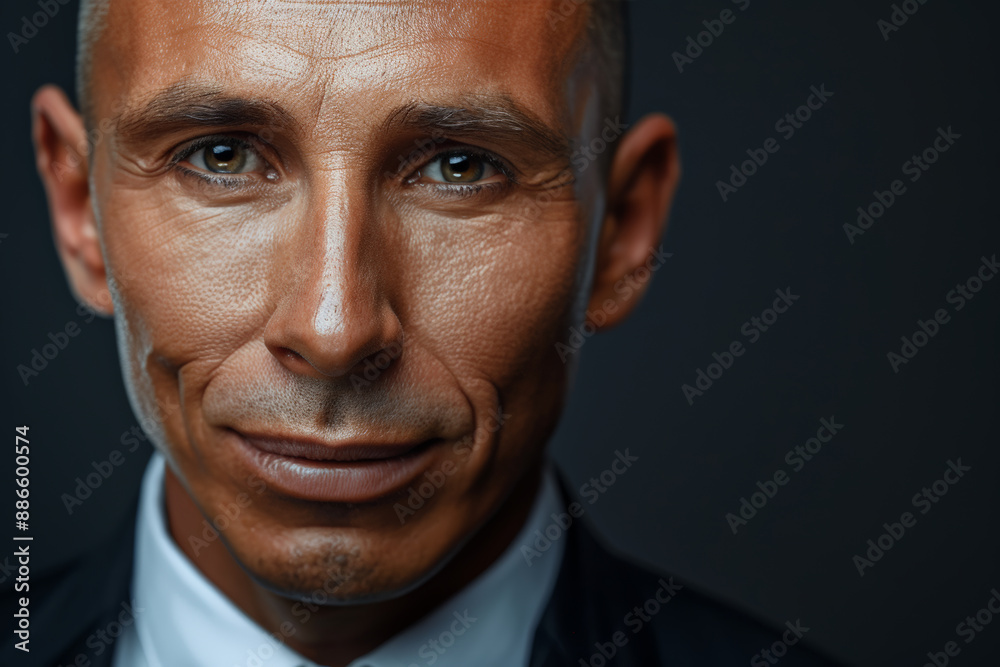Close-up portrait of a middle aged man of European descent, studio photo, against a sleek gray studio backdrop Close-up portrait of a middle aged man of European descent, studio photo, against a sleek gray studio backdrop