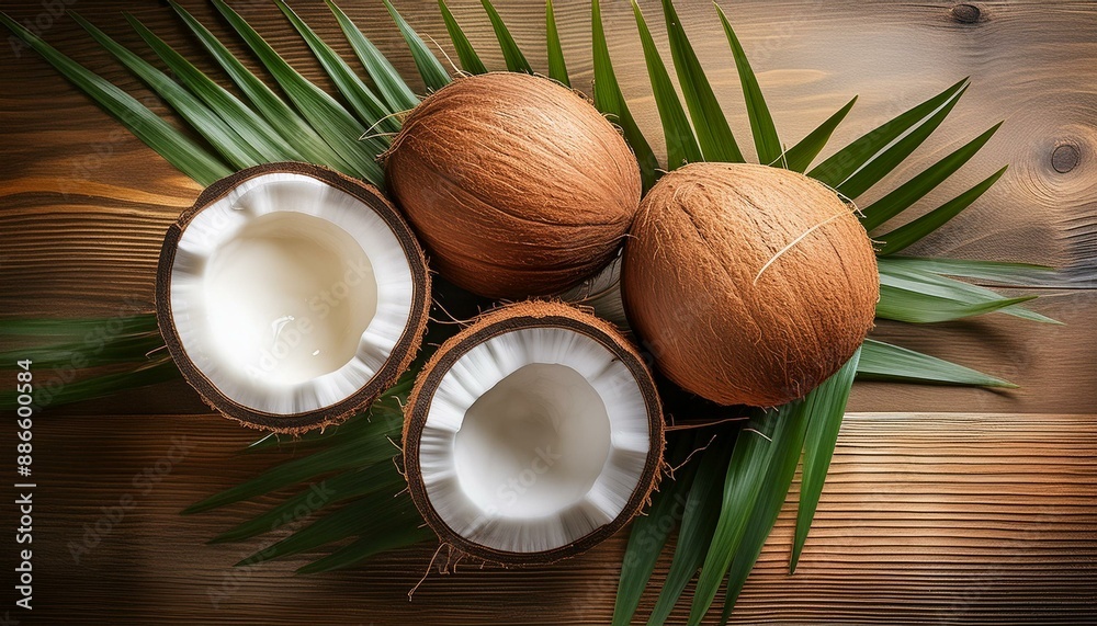 Fresh opened coconuts along with whole coconuts and coconut leaves on a wooden table. Fresh opened coconuts along with whole coconuts and coconut leaves on a wooden table.