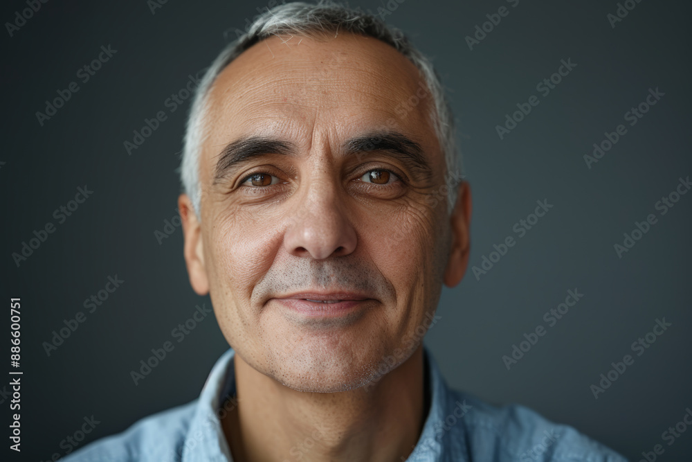 Obraz premium Close-up portrait of a middle aged man of European descent, studio photo, against a sleek gray studio backdrop