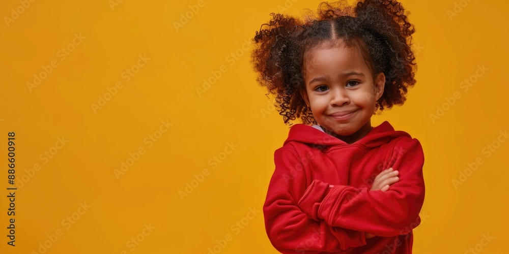A young girl wearing a bright red hoodie poses confidently for the camera