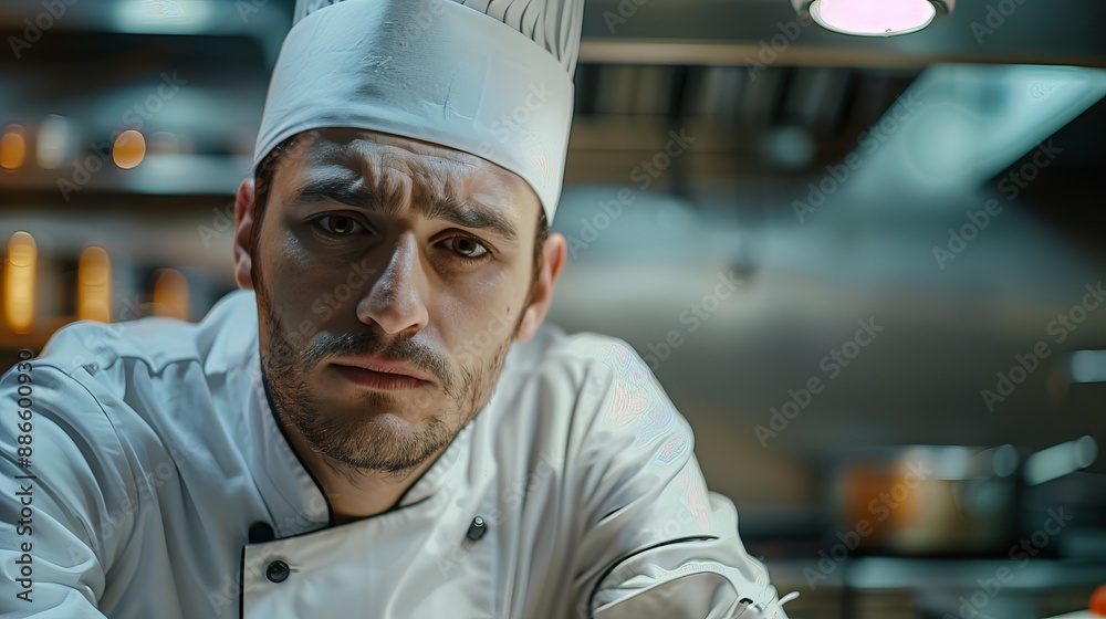 a professional chef in his uniform and hat siting in a serious expression i n his kitchen, he is looking proud of his work and is confident about making the best meal ever a professional chef in his uniform and hat siting in a serious expression i n his kitchen, he is looking proud of his work and is confident about making the best meal ever
