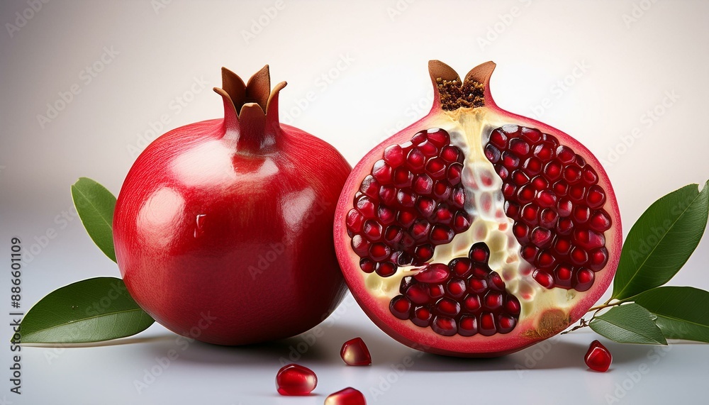 Juicy pomegranate and its half with leaves. Juicy pomegranate and its half with leaves.
