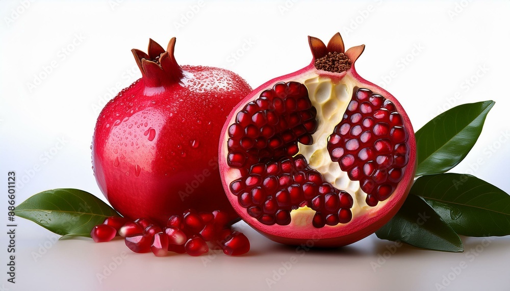 Juicy pomegranate and its half with leaves. Juicy pomegranate and its half with leaves.
