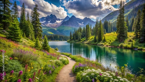 Scenic trail winds through lush green forest, surrounding majestic mountains, serene lake, and vibrant wildflowers, evoking feelings of calm and refreshment in nature.