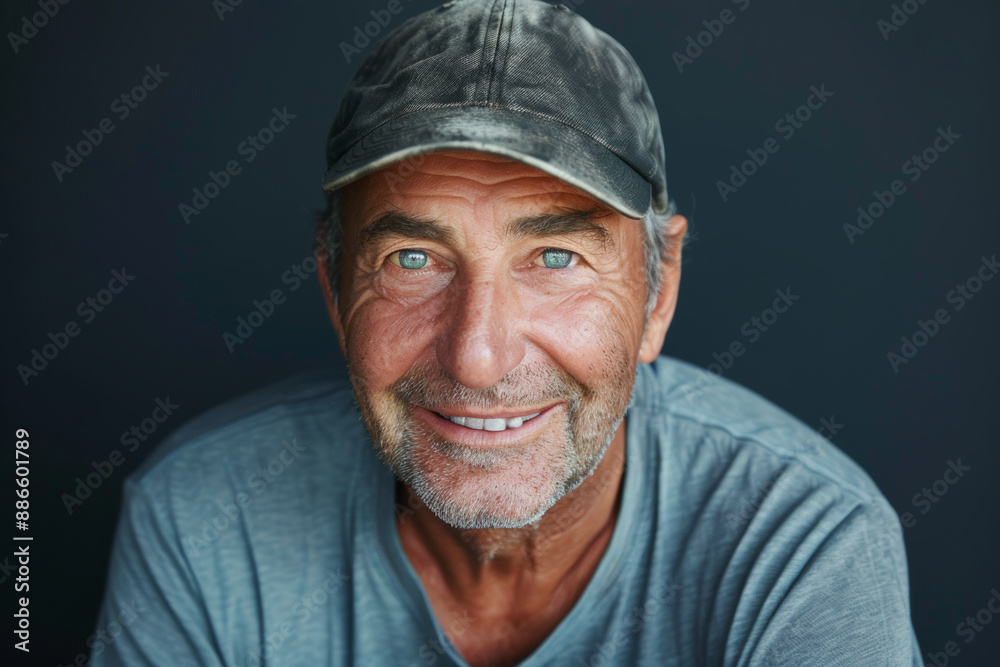 Close-up portrait of a middle aged man of European descent, studio photo, against a sleek gray studio backdrop Close-up portrait of a middle aged man of European descent, studio photo, against a sleek gray studio backdrop