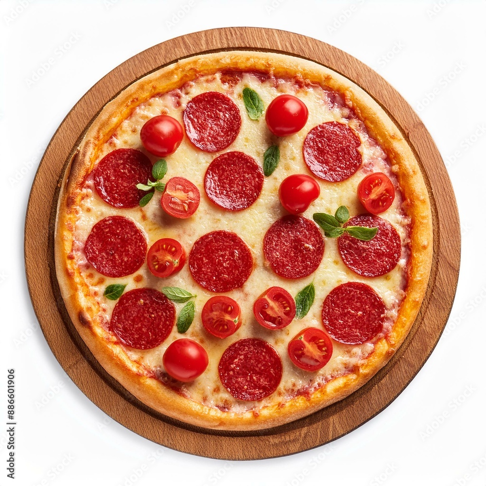 Pizza topped with cherry tomatoes, salami and other ingredients on white background. Top view. contains clipping path. Pizza topped with cherry tomatoes, salami and other ingredients on white background. Top view. contains clipping path.