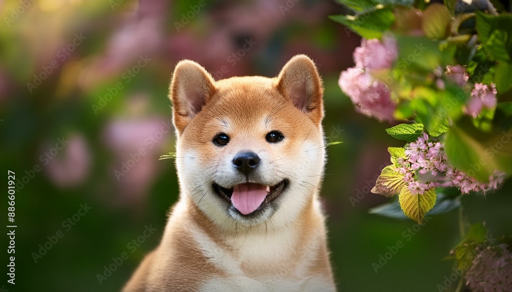 Portrait of funny grinning Shiba Inu puppy sitting in the garden. Blurred nature background. Portrait of funny grinning Shiba Inu puppy sitting in the garden. Blurred nature background.