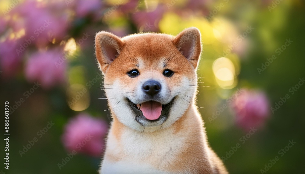Portrait of funny grinning Shiba Inu puppy sitting in the garden. Blurred nature background. Portrait of funny grinning Shiba Inu puppy sitting in the garden. Blurred nature background.